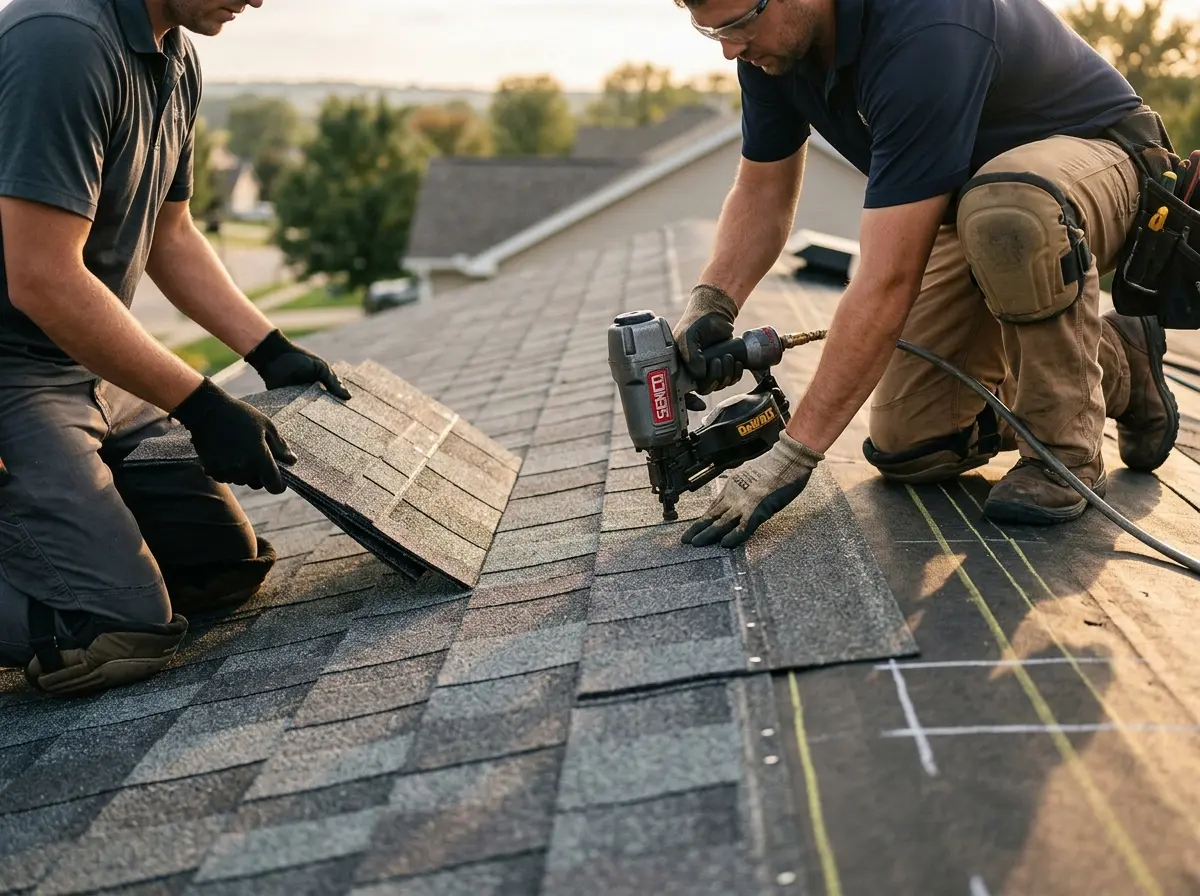Professional roofer working on a residential roof in La Quinta